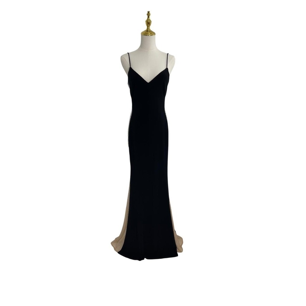 XSCAPE Black Nude Jersey Slip Dress Beaded Illusion‎ Side Panels Size 6 NWT
